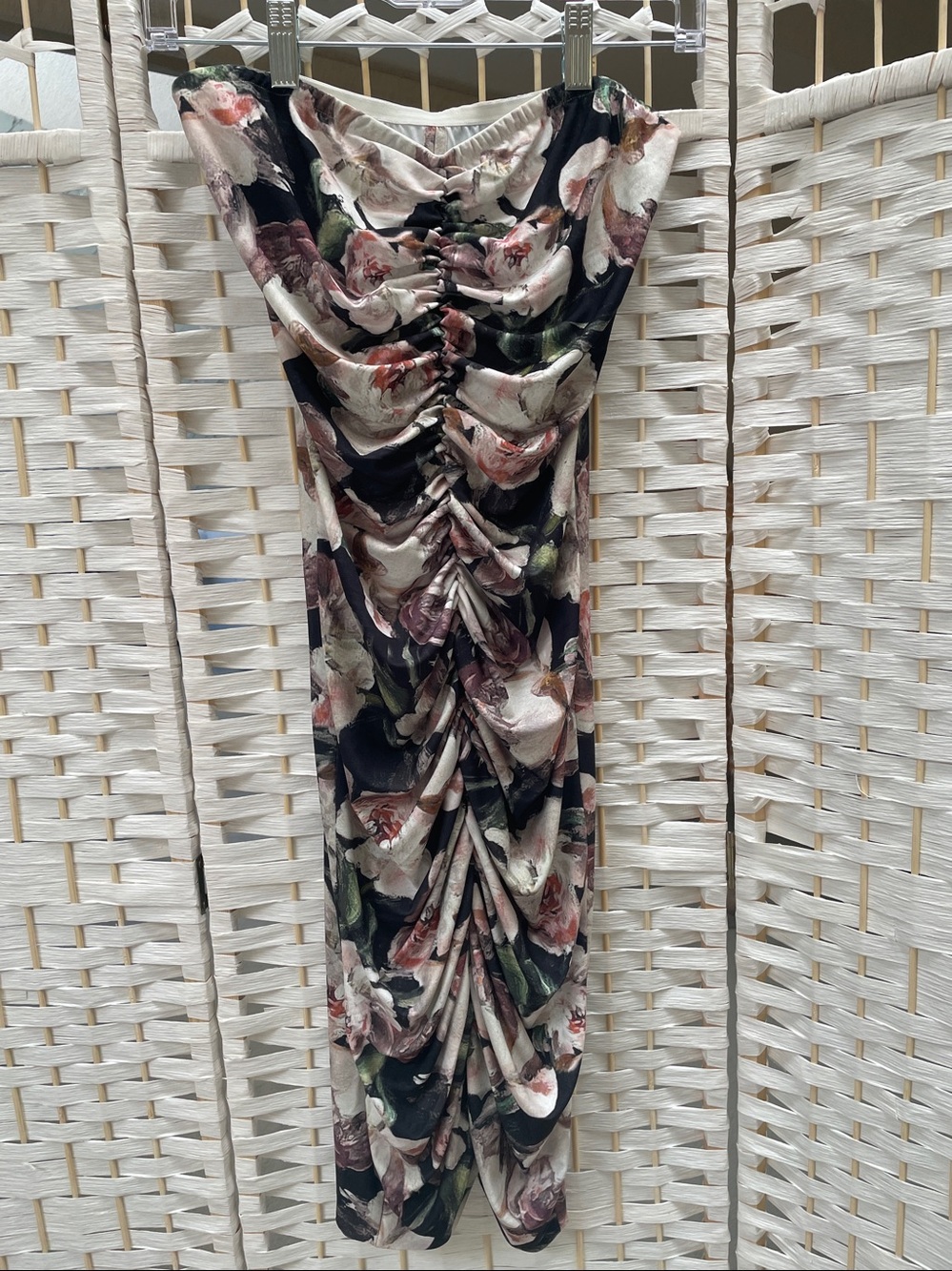 Norma Kamali Black Floral Ruched Midi Dress